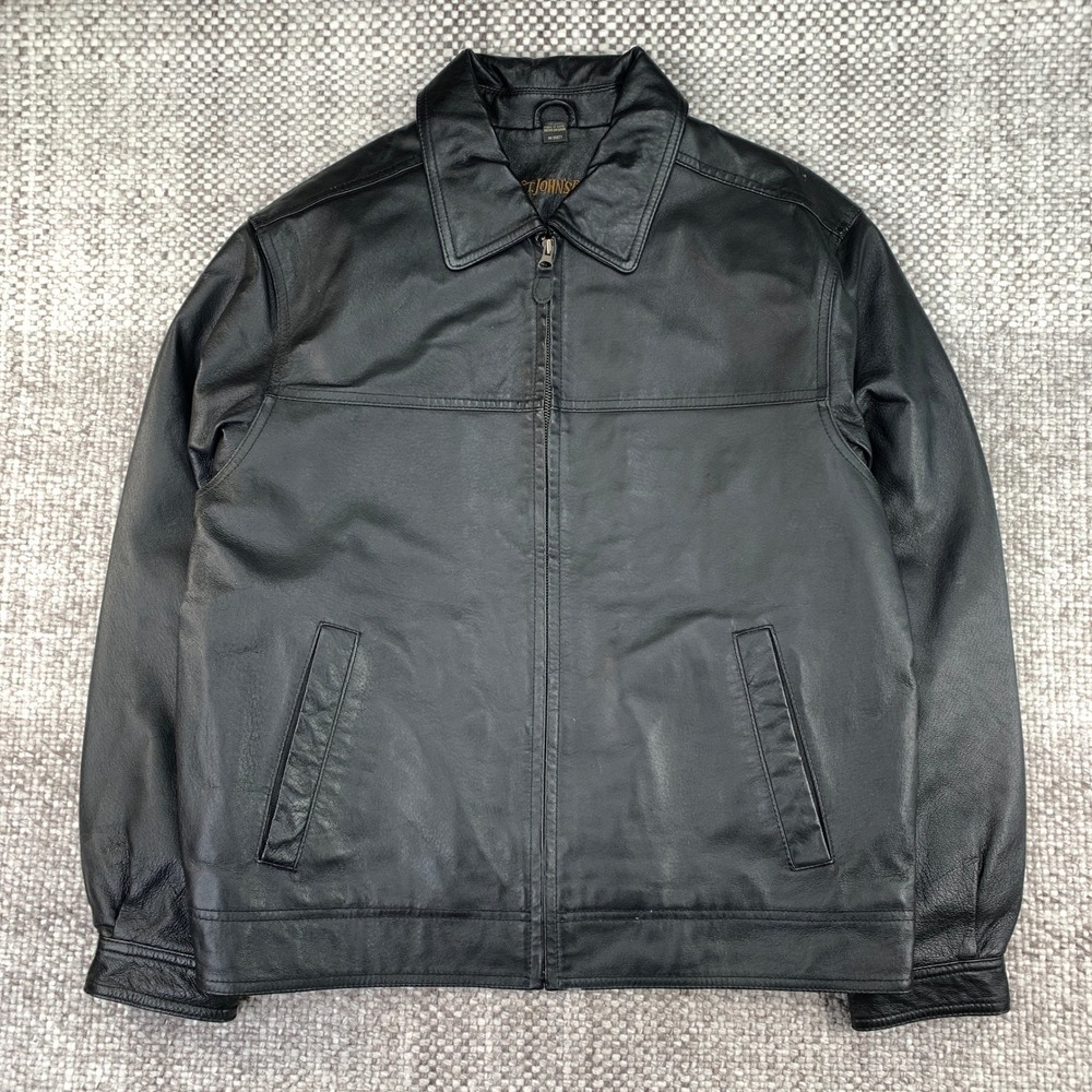 St Johns Bay Mens Black Genuine Leather Bomber Jacket Medium RN 93677